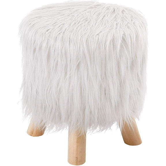 BirdRock Home Faux Fur Foot Stool Ottoman with Wood Legs - White