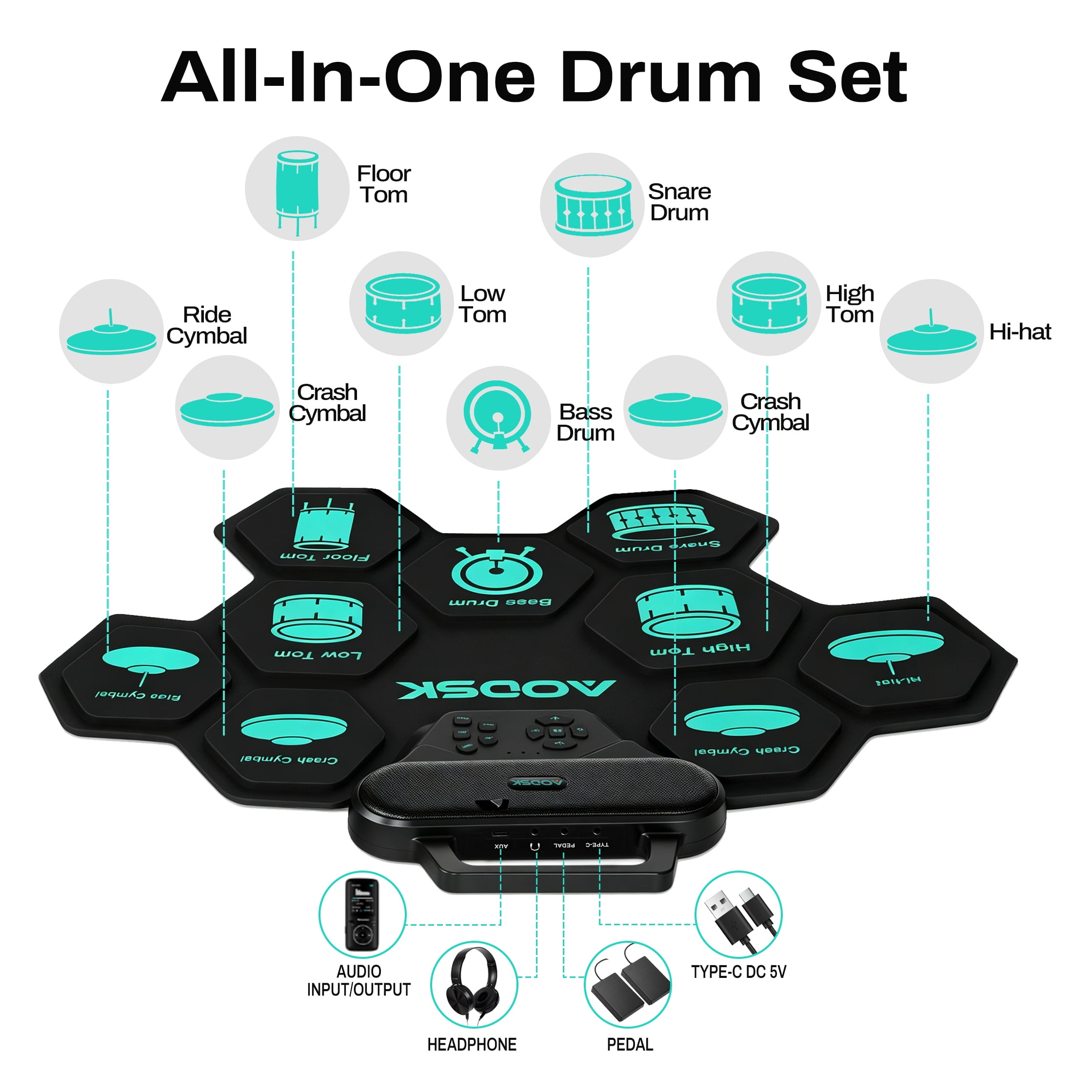 AODSK Electronic Drum Set, 9 Pads Roll-Up, Dual Speakers, Portable, Drum Sticks