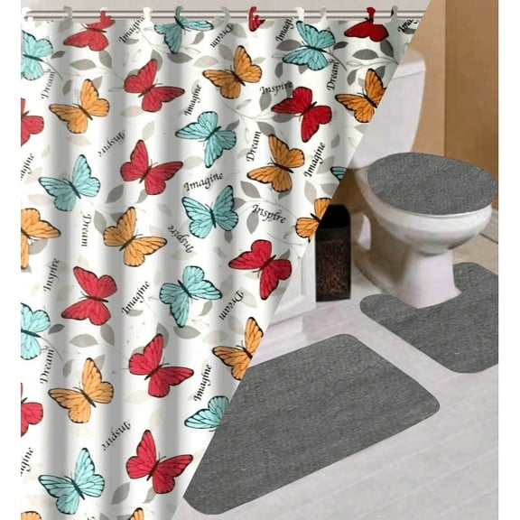 LUXURY DÉCOR BUTTERFLY 16PC BATHROOM SET MULTICOLOR DESIGN STYLE INCLUDES 1 FABRIC SHOWER CURTAIN 72"X 72" 12 COVERED HOOKS 1 BATH MAT 18"X 30"1 CONTOUR MAT 18"X 18" 1 LID COVER 18"X 18"