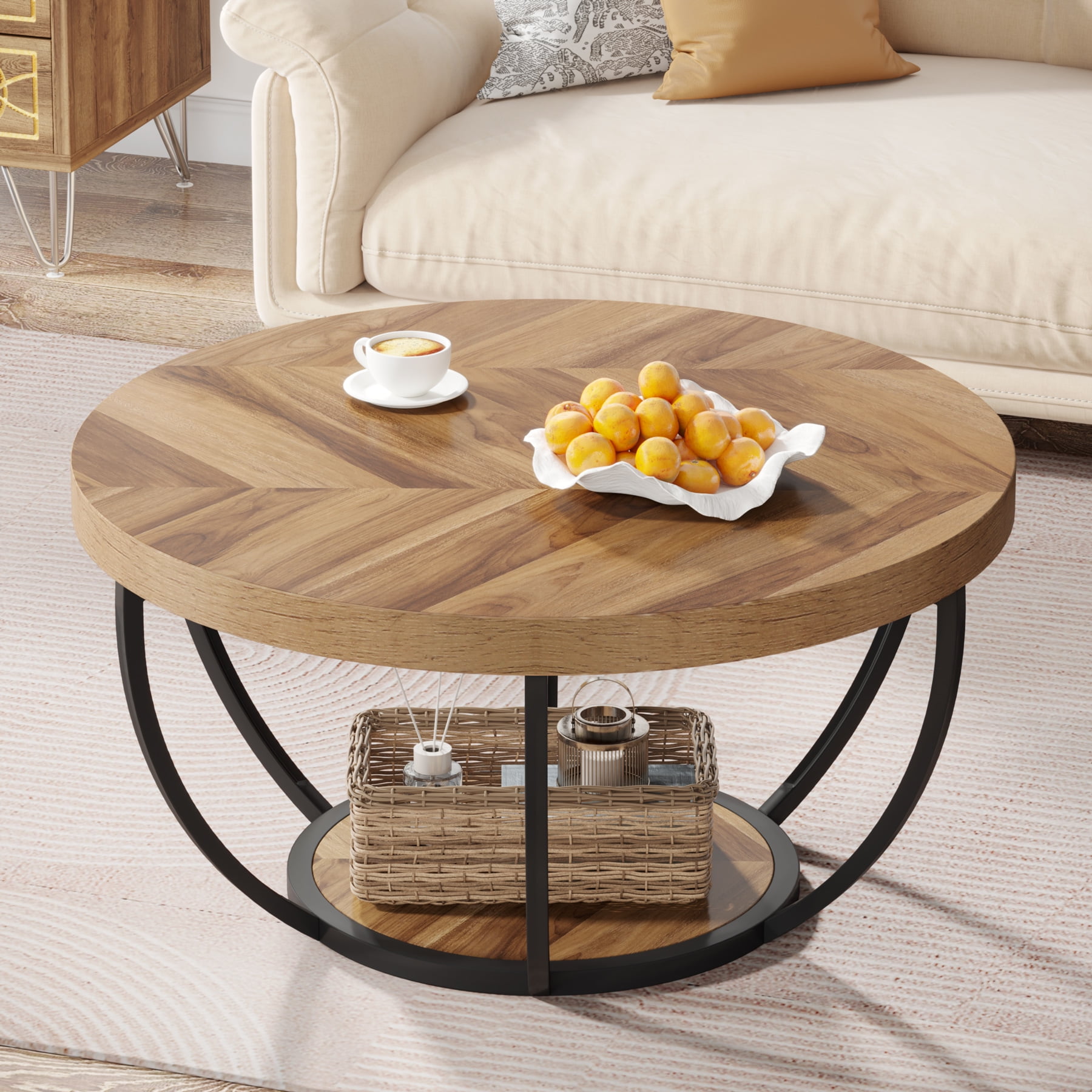 2-Tier Round Wooden Coffee Table, Modern Cocktail Table with Storage Shelf, Sturdy Living Room Coffee Table, Beige