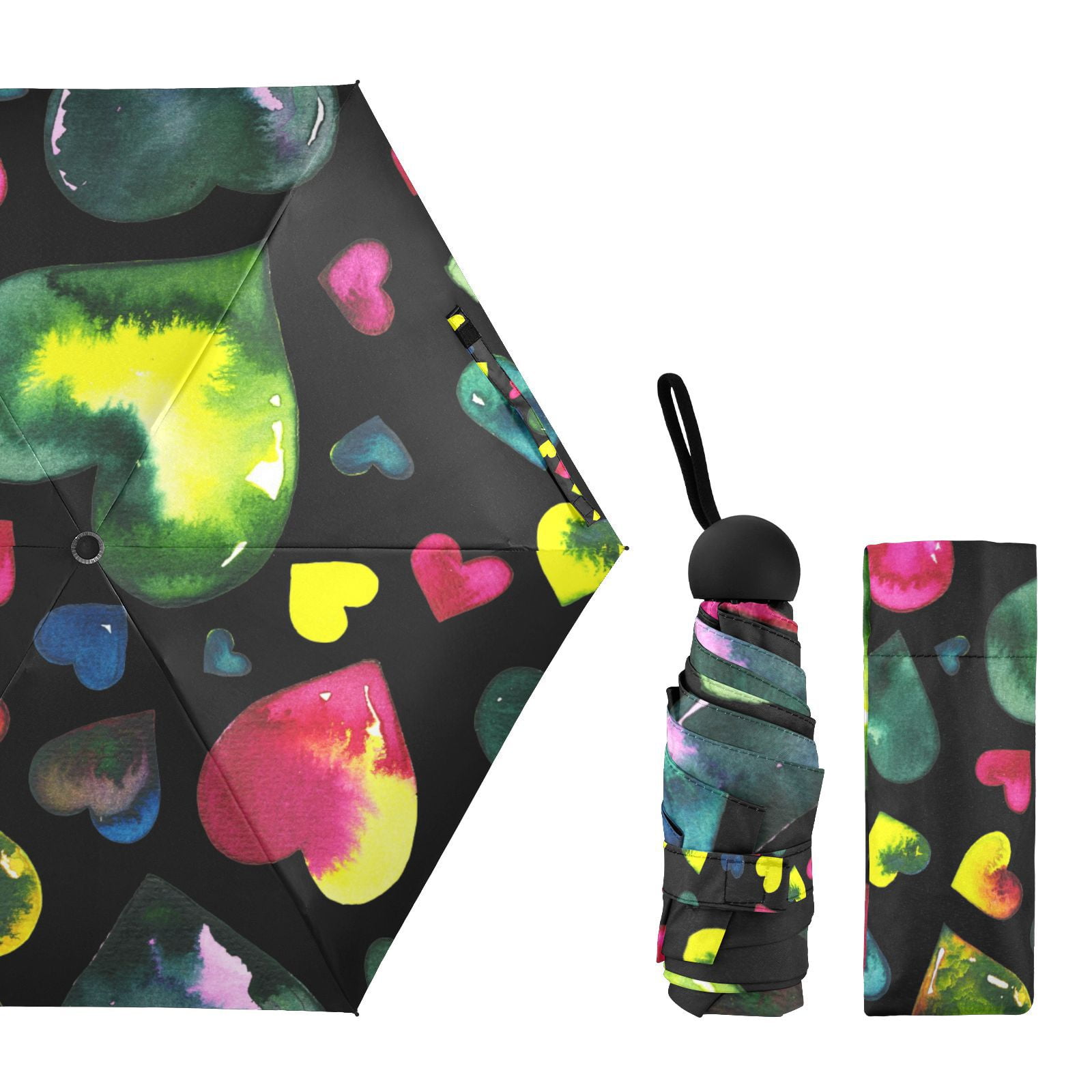 JSTEL Tie Dye Watercolor Heart Folding Umbrella for Rain Sun Travel Mini Lightweight Compact Umbrellas