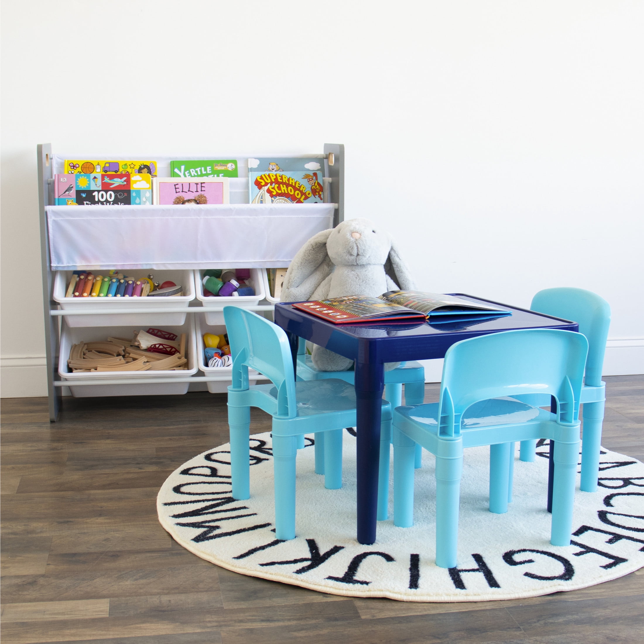 Humble Crew Jordan Toddler Lightweight Plastic Table and 4 Chairs Set, Square Navy Table & Blue Chairs