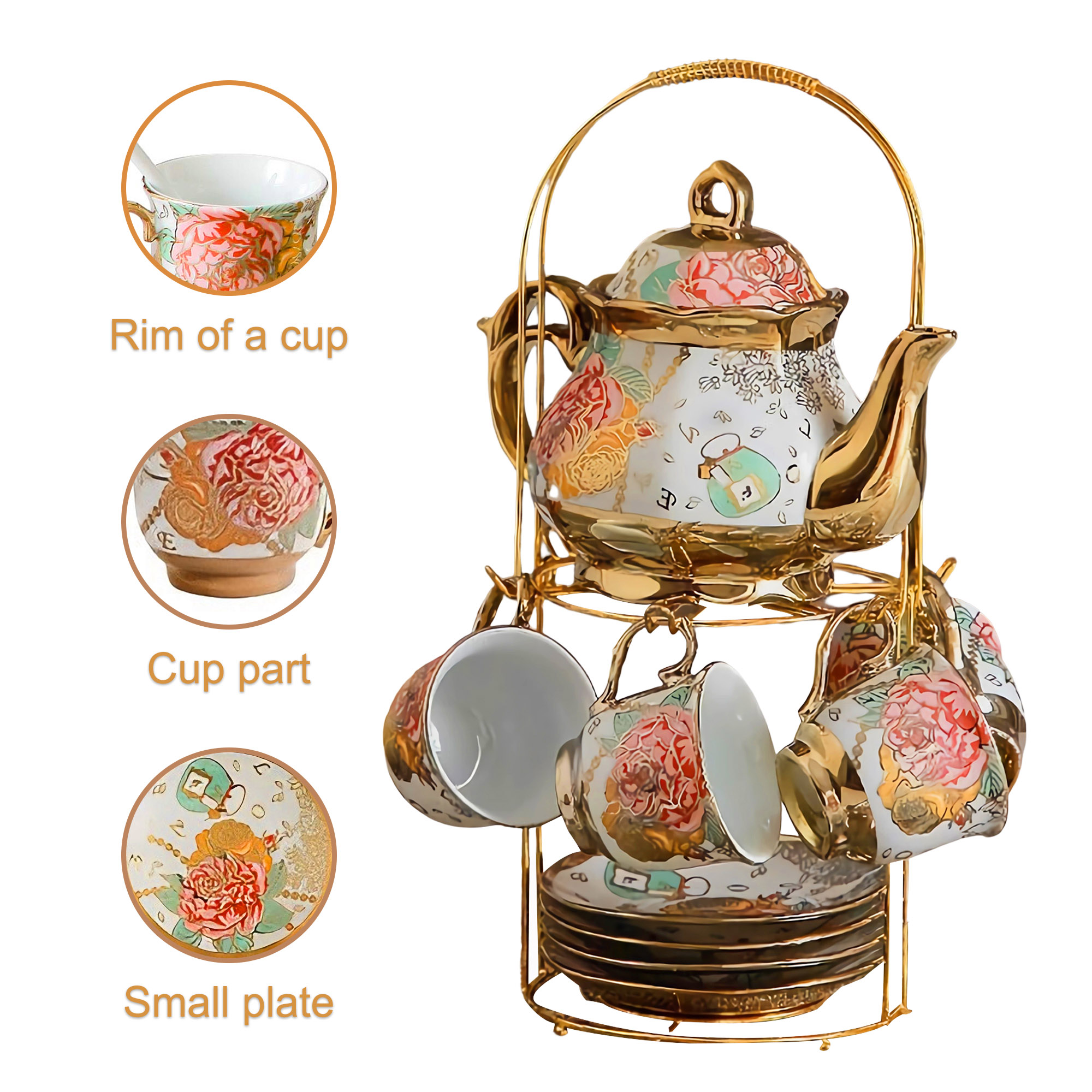 13 Pieces Ceramic Tea Set, Porcelain Tea Cup Set with Metal Holder + 1