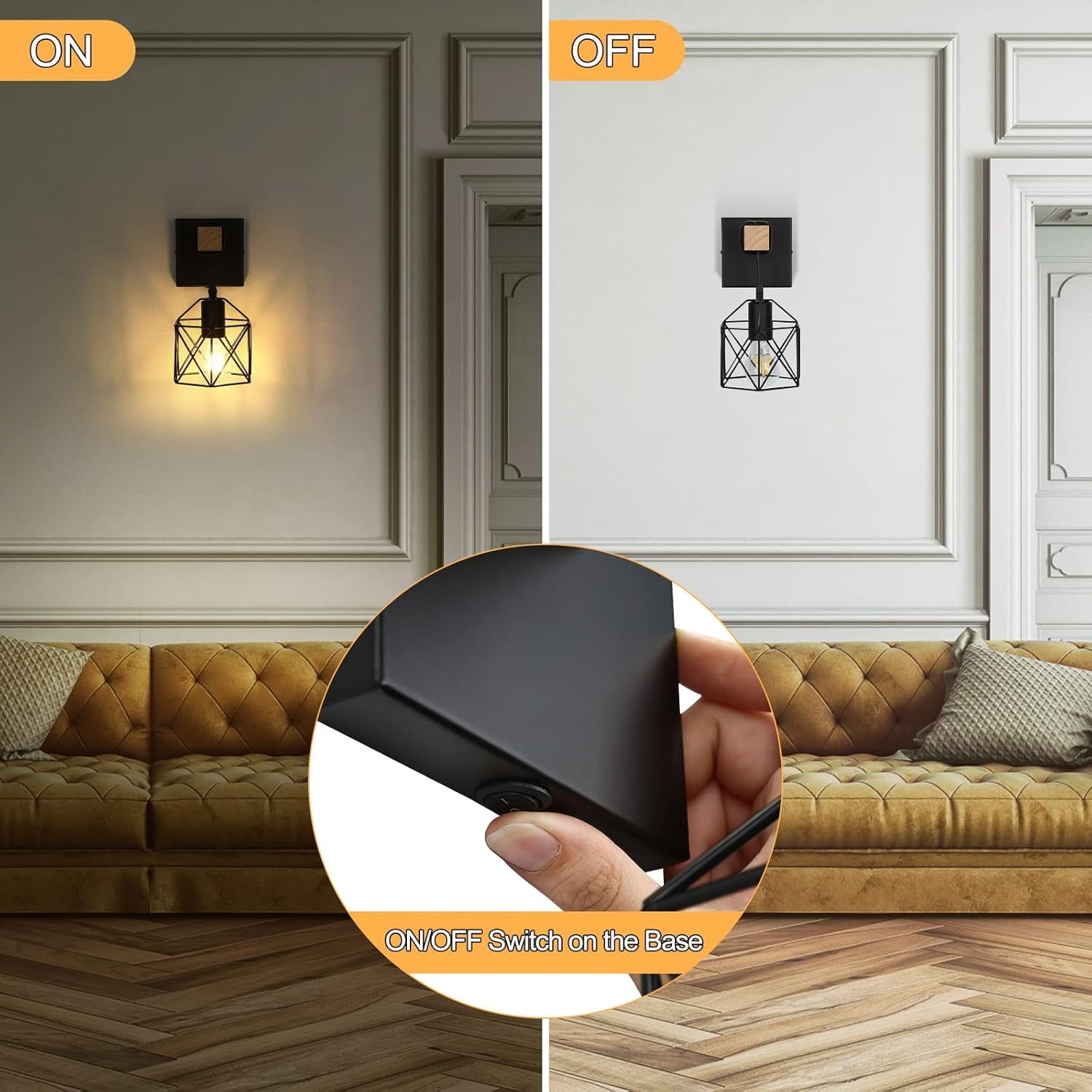 Black Wall Sconce with ON/Off Switch Pack of 2, Dimmable Cage Wall Mount Light Fixture Industrial Farmhouse Lighting