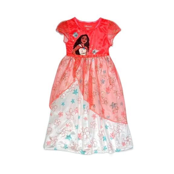 Disney Princess Moana Girl's Coral and Ivory Floral Satinet and Tulle Nightgown X-Small 4-5