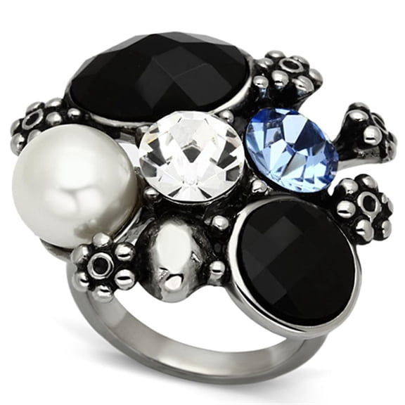 High polished (no plating) Stainless Steel Ring with Synthetic Synthetic Glass in Jet for Women Jet Stone Color Style TK941 Size 10