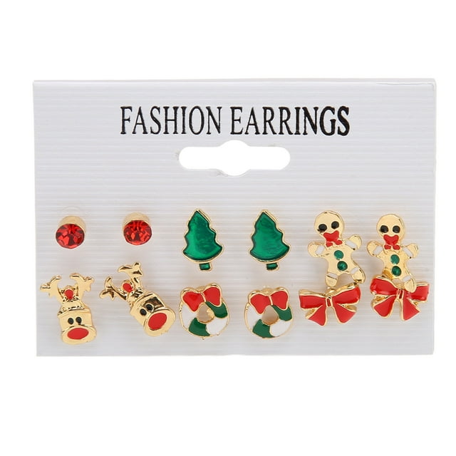 6 pares de aretes navideños, estilos variados, colores vivos, aretes de aleación livianos a la moda para mujeres y niñas, cumpleaños