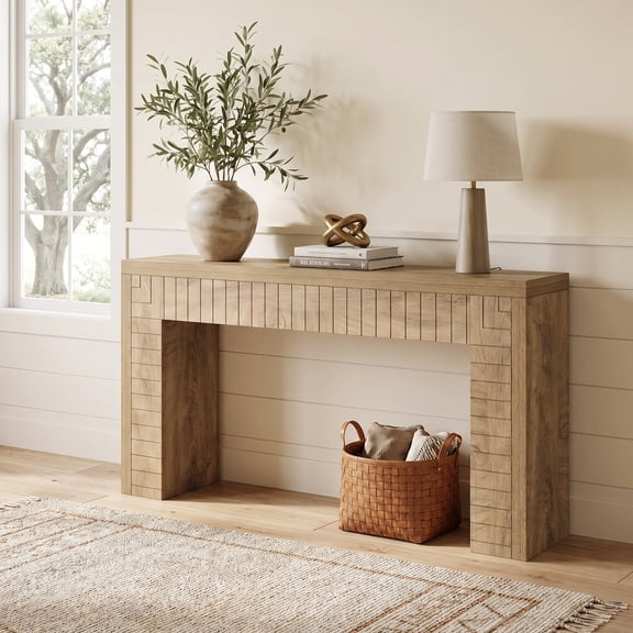 Fnova 70.9" Farmhouse Console Table, Fluted Wood Extra Long Entryway Table, Narrow Sofa Table for Living Room, Hallway, Staircase