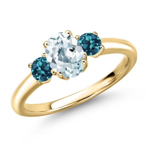 Gem Stone King 10K Yellow Gold Sky Blue Aquamarine and London Blue Topaz Engagement Ring for Women | 1.19 Cttw | Oval 7X5MM | Gemstone March Birthstone | Size 8