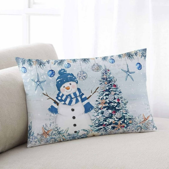 Blue Coastal Christmas Throw Pillow Covers, Xmas Tree Nautical Starfish Soft Breathable Pillow Cases with Invisible Zipper for Sleeping, Toddler Pillowcases for Couch Bed Sofa Chair 12x20 Inches