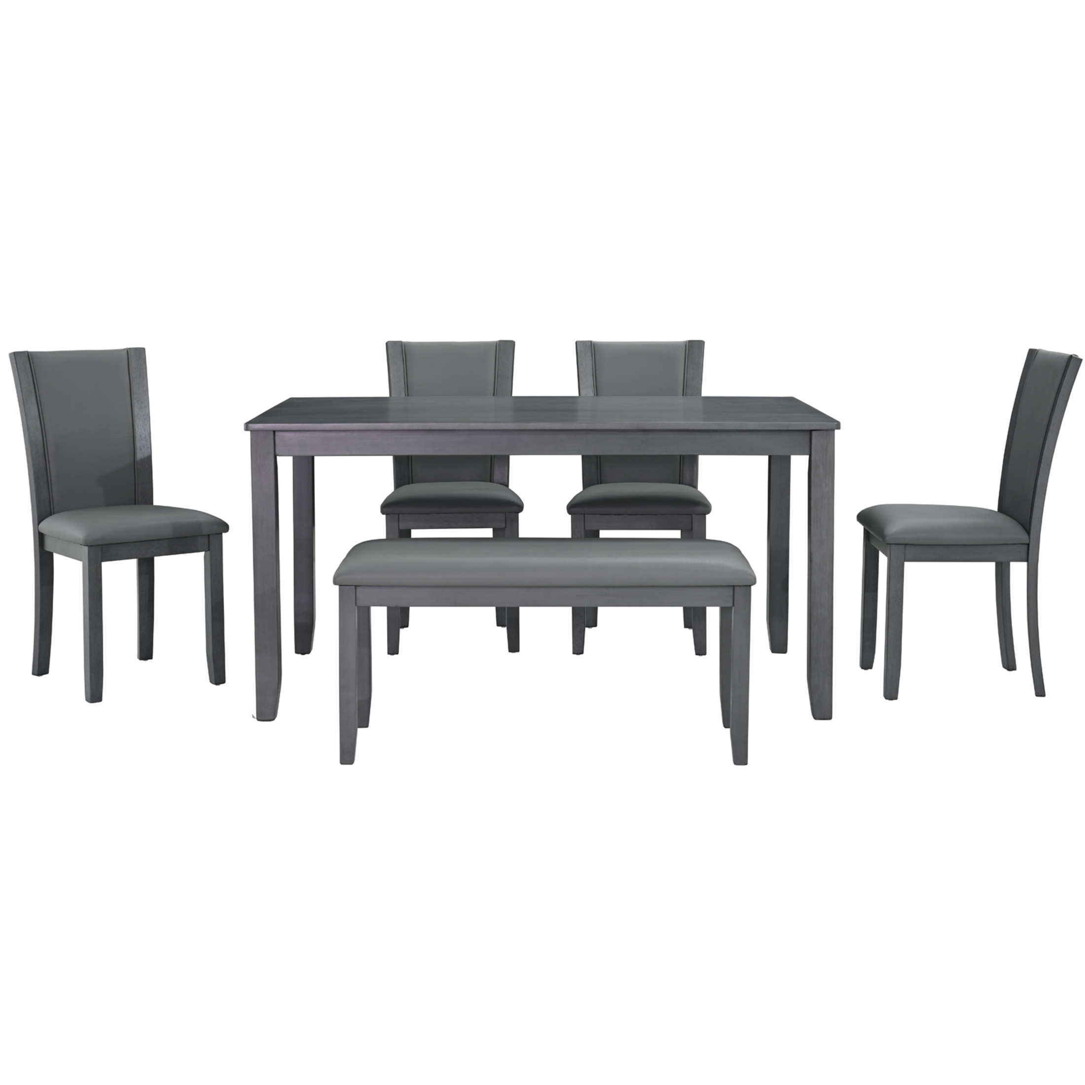 Noble House Modern Dining Table Set for 6 with Bench and Leather Upholstered Chairs, Wood Frame, Gray