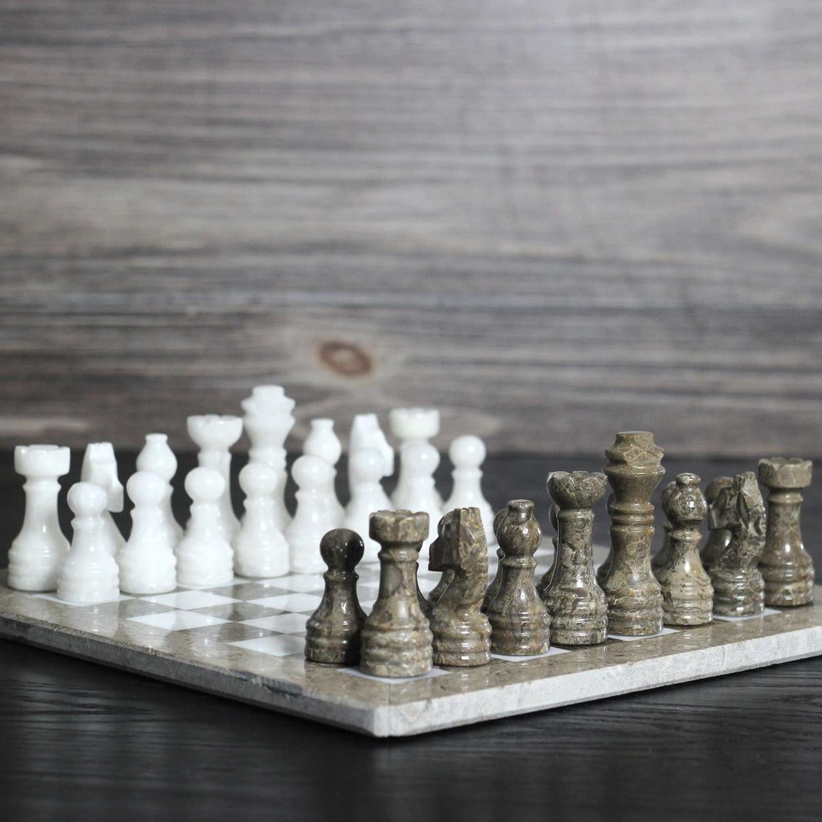 Marble Chess Set with Storage Case - Oceanic and White