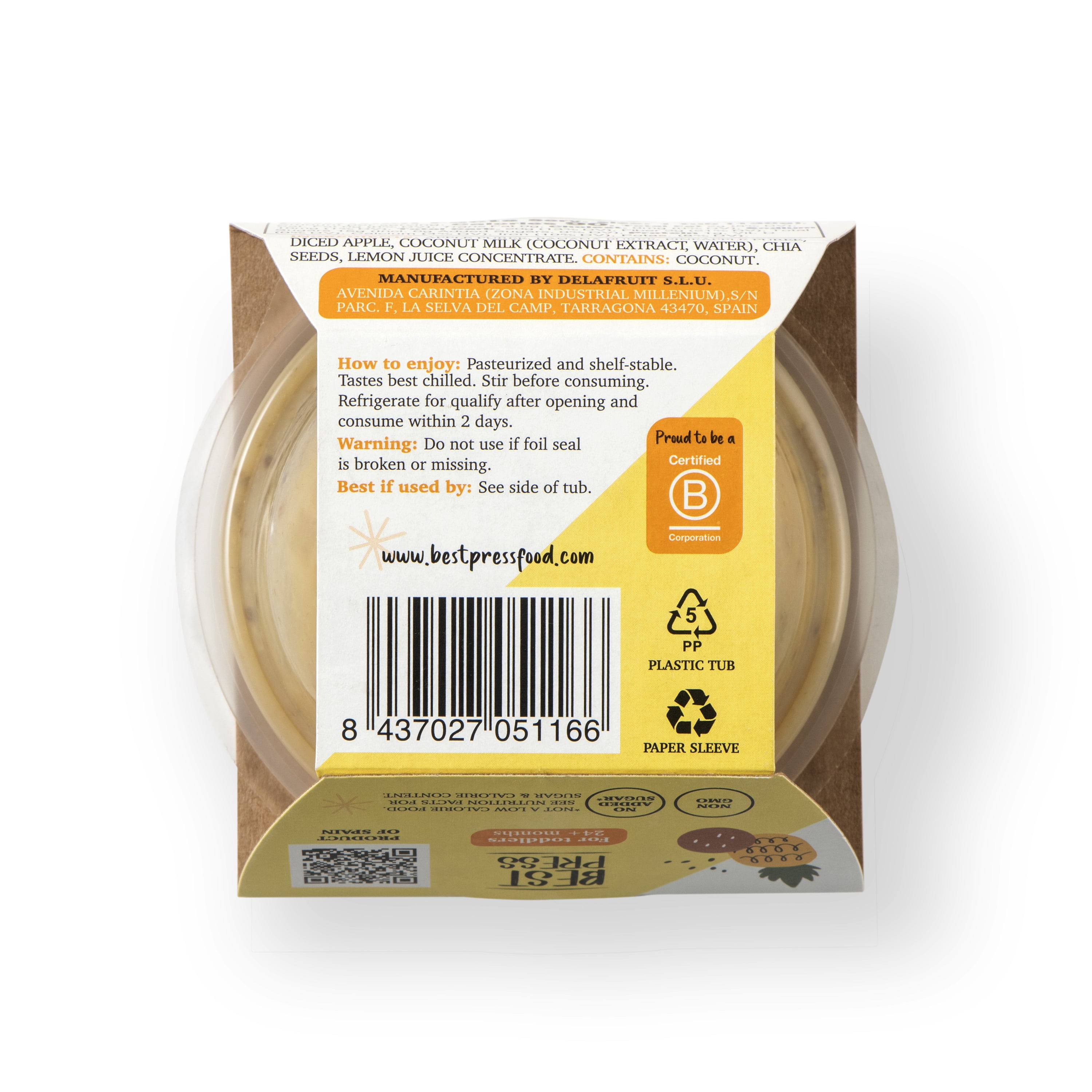 Best Press, Texture Tubs, Toddler Food , Apple, Banana, Pineapple, Coconut & Chia, 4.6oz Tub
