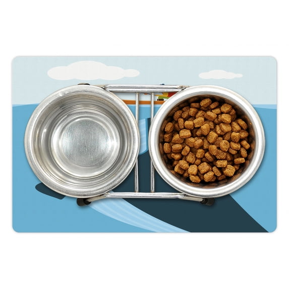 Whale Pet Mat for Food and Water, Navy Themed Vintage Cartoon Design with Sun Ship and Mottos on It Work of Art, Non-Slip Rubber Mat for Dogs and Cats, 18" X 12", by Ambesonne