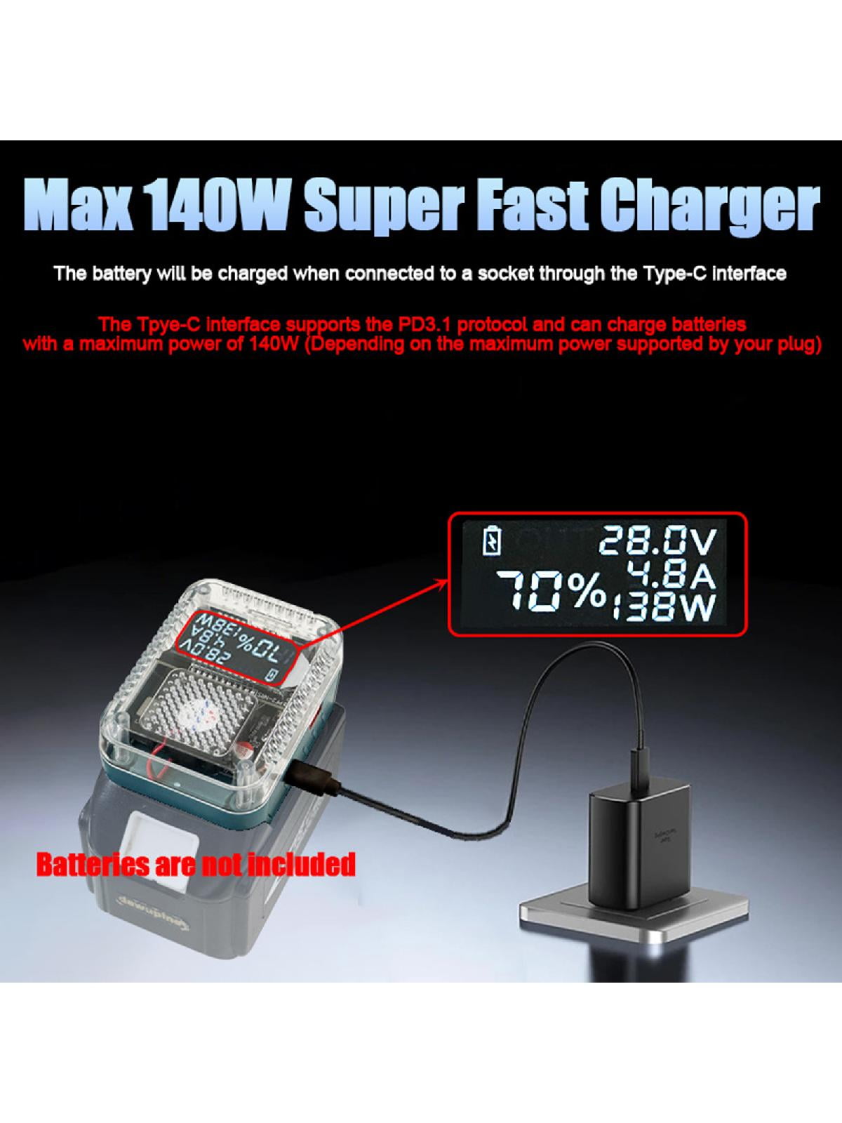 MultiPurpose Lithium Battery Charger Adapter with USB C Port 140W High Power Output Digital Display for Makita Batteries