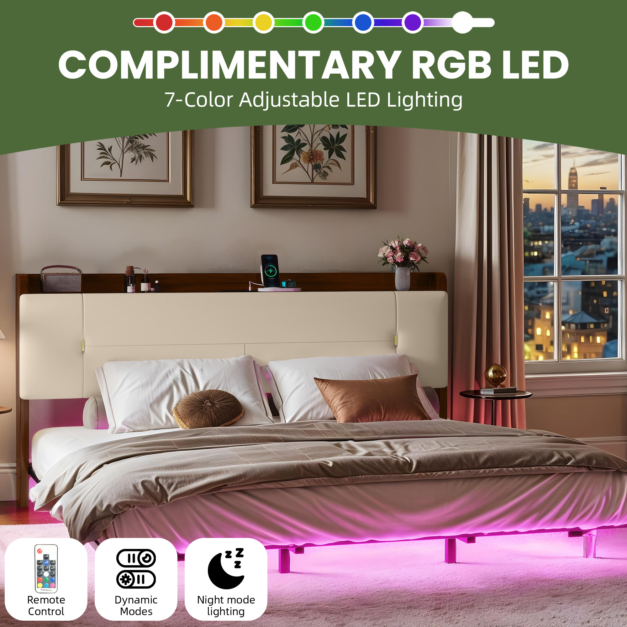 Uforic Beige King Bed Frame with LED Lighting, Contemporary Upholstered Platform Bed Frame, Floating Bed Frame with Charging Station, Box Spring Not Needed