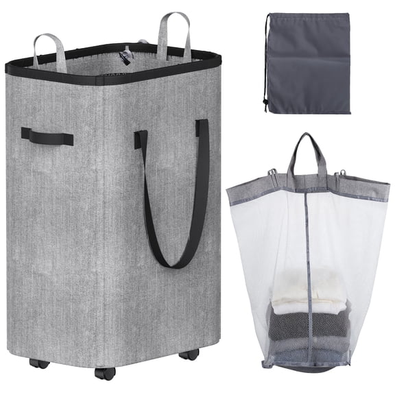 Tecfino 80L Laundry Hamper with Wheels, Large Rolling Laundry Basket with Removable Bag and Storage Pouch, Collapsible Tall Dirty Clothes Hamper for Bedroom Dorm Grey