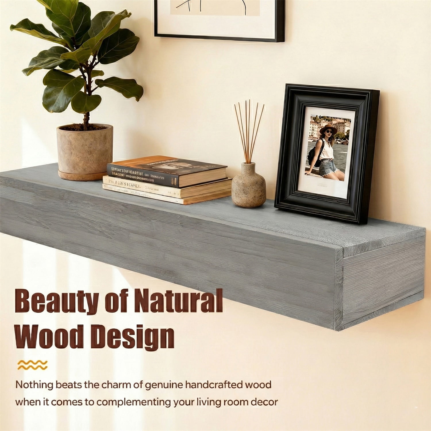 Hommoo 72" Rustic Wood Fireplace Mantel Wall-Mounted & Floating Shelf for Home Decor, Gray