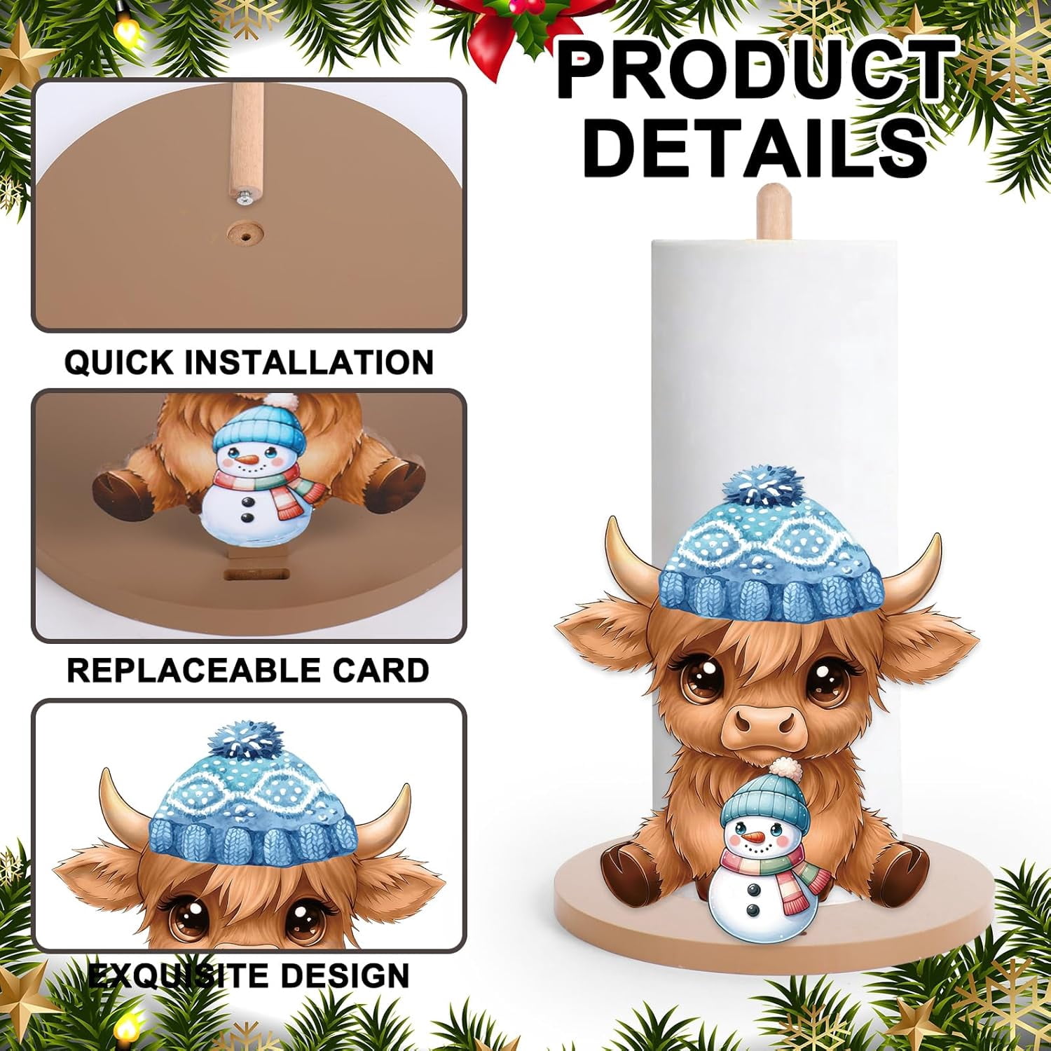 Wooden Paper Towel Holder with 8Pcs Seasonal Holiday Highland Cow Interchangeable Signs Spring Summer 4th of July Fall Winter Christmas Towel Holder Stand for Kitchen Bathroom Countertop