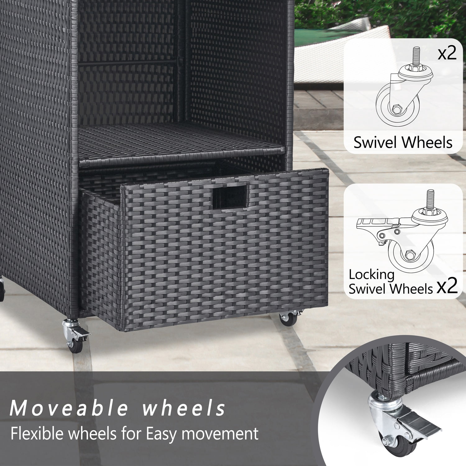 Outdoor Towel Rack for Pool Outdoor Pool Towel Storage Cabinet with Shelf & Drawer Pool Towel Holder with Rolling Wheels Hot Tub Towel Rack w/Waterproof Cover Poolside Towel Valet Caddy for Spa Black