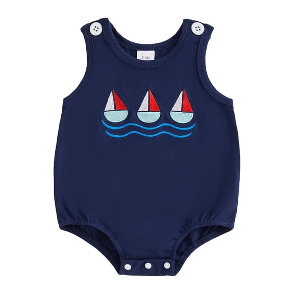 BemeyourBBs Newborn Baby Boys Summer Clothes Infant Baby Boys Bubble Romper Overalls Casual Sailboat Embroidery Sleeveless Bodysuit Jumpsuit Playsuit Overalls