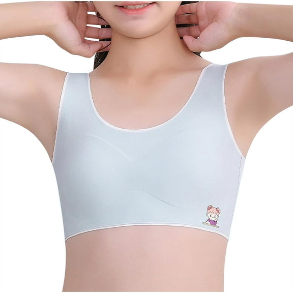 Xfvqtps Girls Bras with Padded Fixed Cup Seamless Soft Comfortable Breathable Solid Color Wave Hem Cute Girls Print Training Bra for Teen Big Kids Girls Bras for 9-12 Years Light Blue