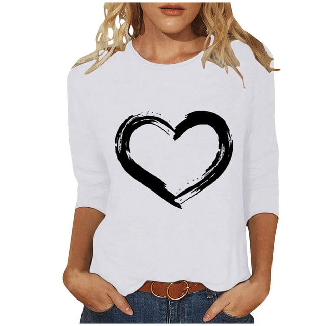 Plebaso Hauts Cœur pour Femmes Manches 3/4 Col Rond T-Shirts Graphiques Mignons Imprimés Blouses Décontractées pour Femmes