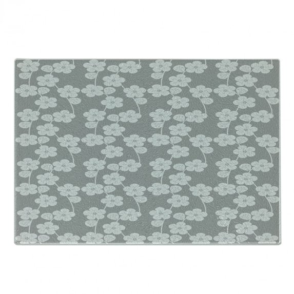 Geometric Cutting Board, Flower Patterned Monochrome Image Petals Bud and Stalks Vintage Foliage Design, Decorative Tempered Glass Cutting and Serving Board, Small Size, Grey Beige, by Ambesonne