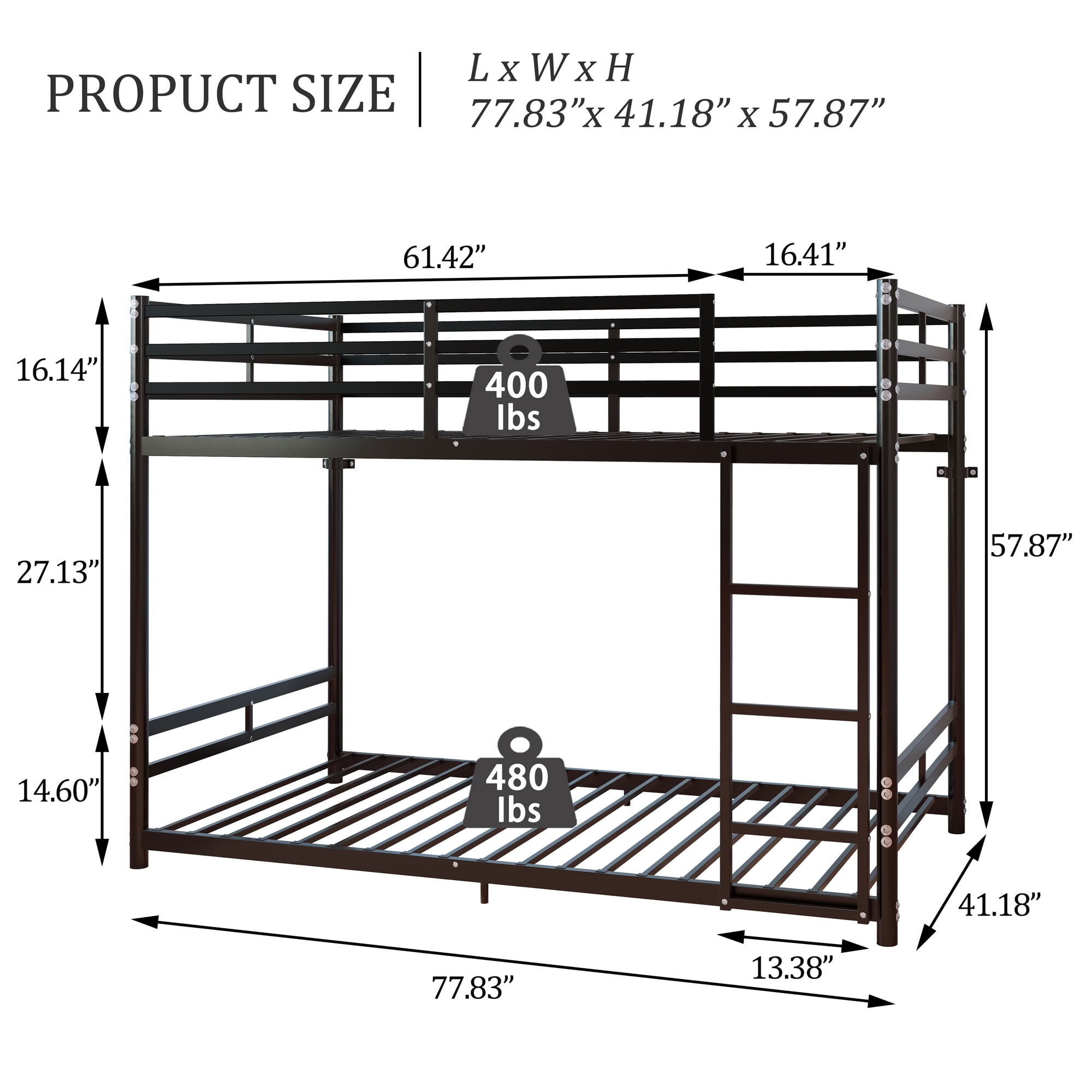 MAYEERTY Twin Over Twin Metal Bunk Bed with Guardrail and Ladder, Heavy Duty Storage Bed Frame for Kids Room