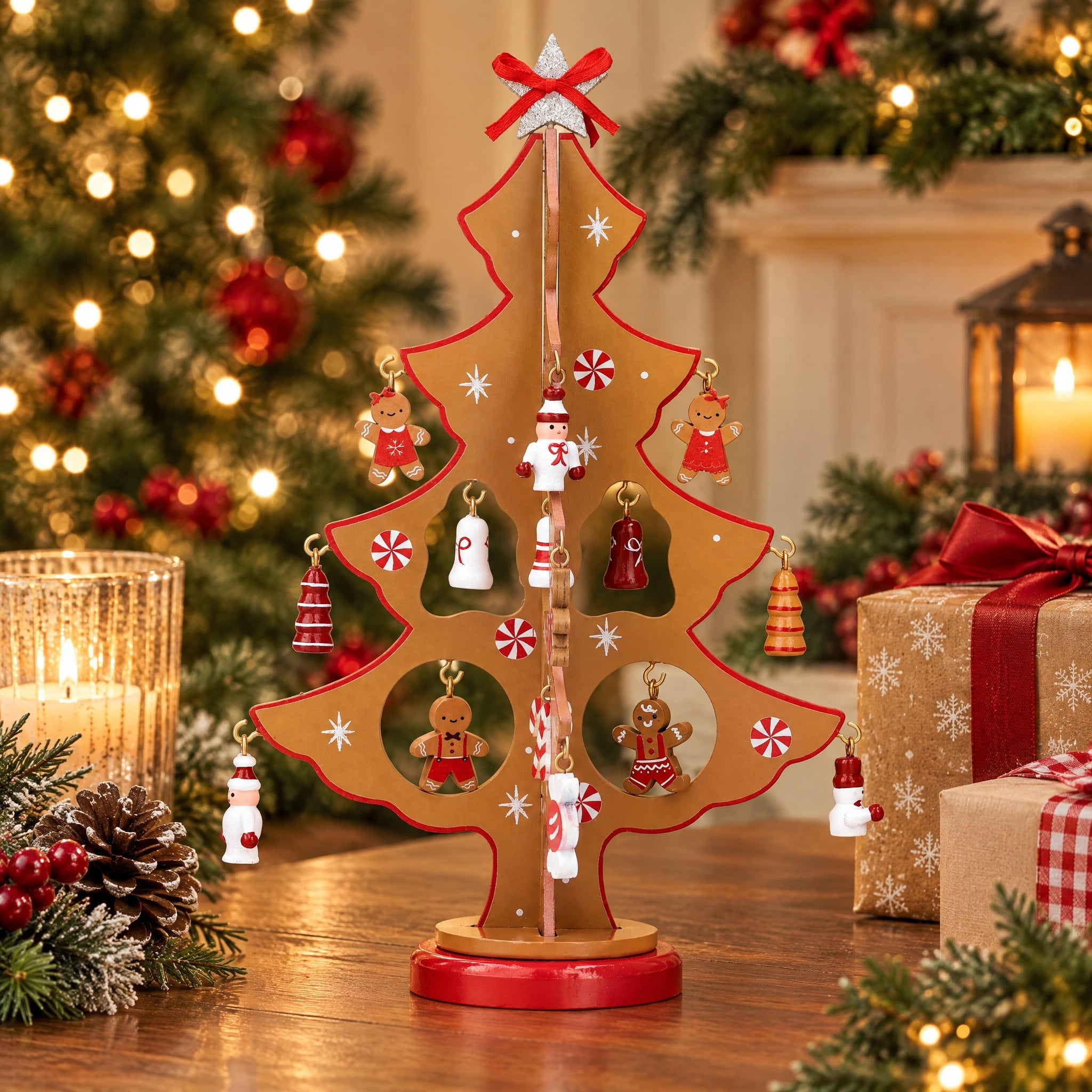 Mini Wood Gingerbread Tree with Ornaments Christmas Decoration, Multicolor, 9.3", by Holiday Time