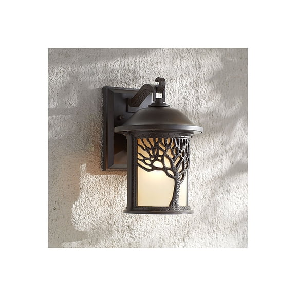 John Timberland Mission Outdoor Wall Light Fixture Bronze Tree Motif 12 1/4" Amber Glass Lantern for Exterior House Porch Patio