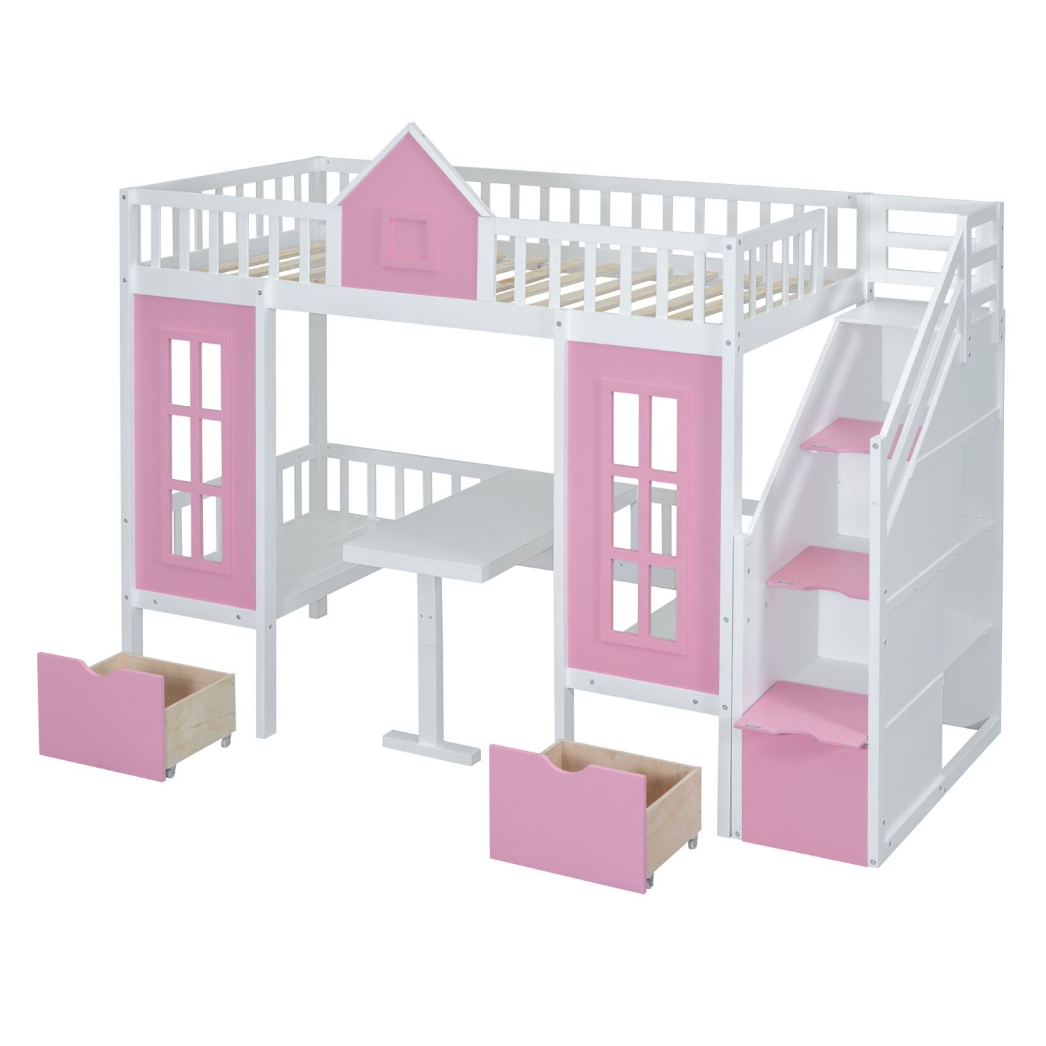 Twin-Over-Twin Bunk Bed with Changeable Table, Convertible Wood Bunk Bed with Desk, Space-Saving Bedroom Furniture for Kids