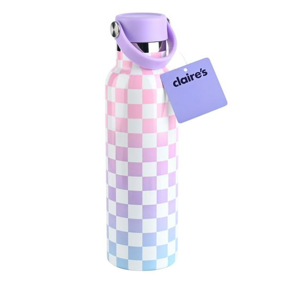 "Claire's Pastel Ombre Checkered Water Bottle, Plastic, 8.5 inches, 1 Piece"