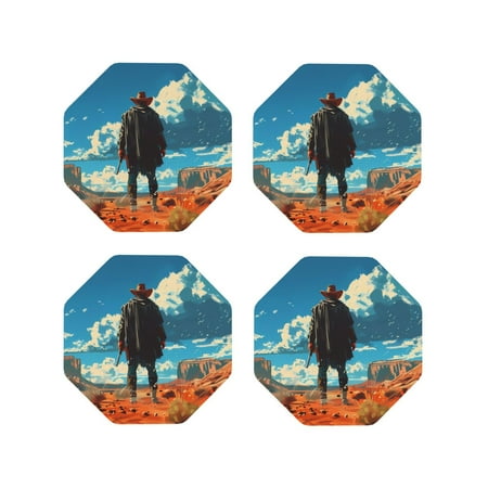 

Lukts Lone Cowboy Desert Scene Print Leather Drinks Coasters Set of 4 Suitable or Drinks Furniture Protection and Easy Clean up-Octagon