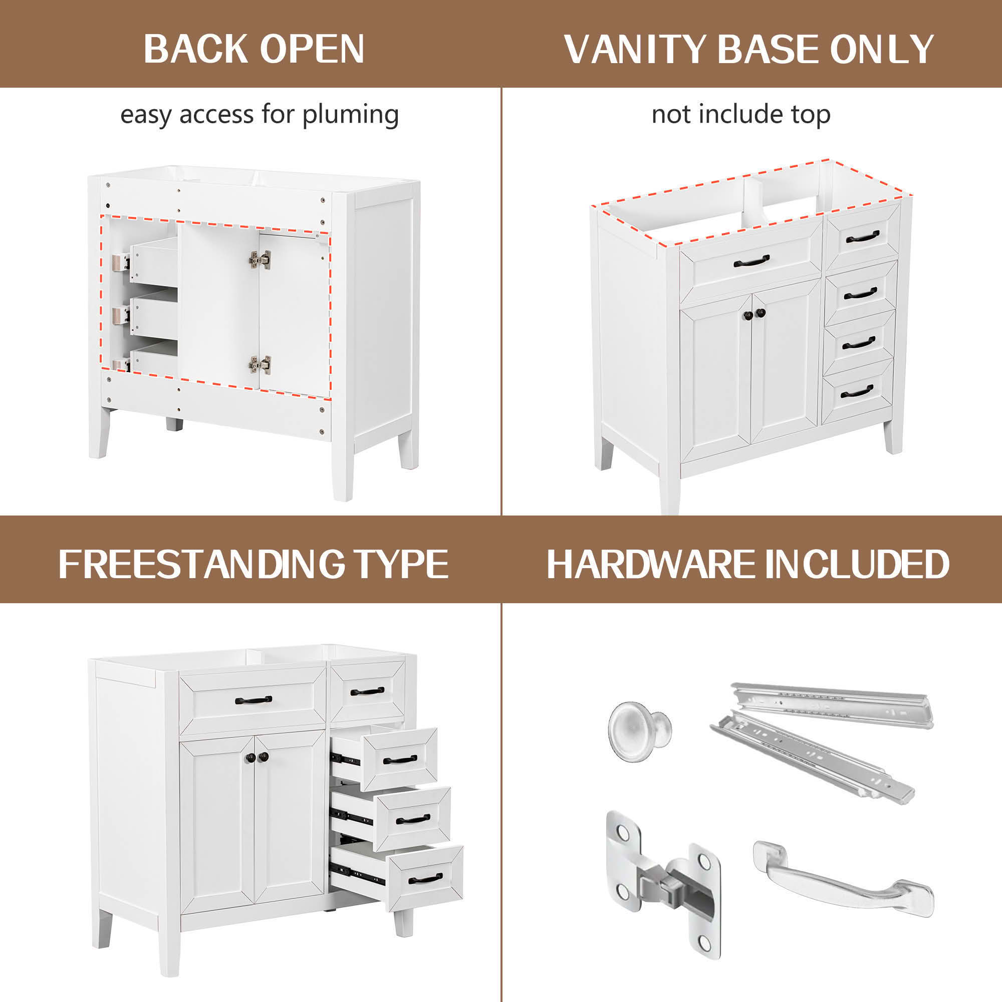MAYEERTY 36" Bathroom Vanity without Sink Cabinet Base Solid Frame MDF Drawers White