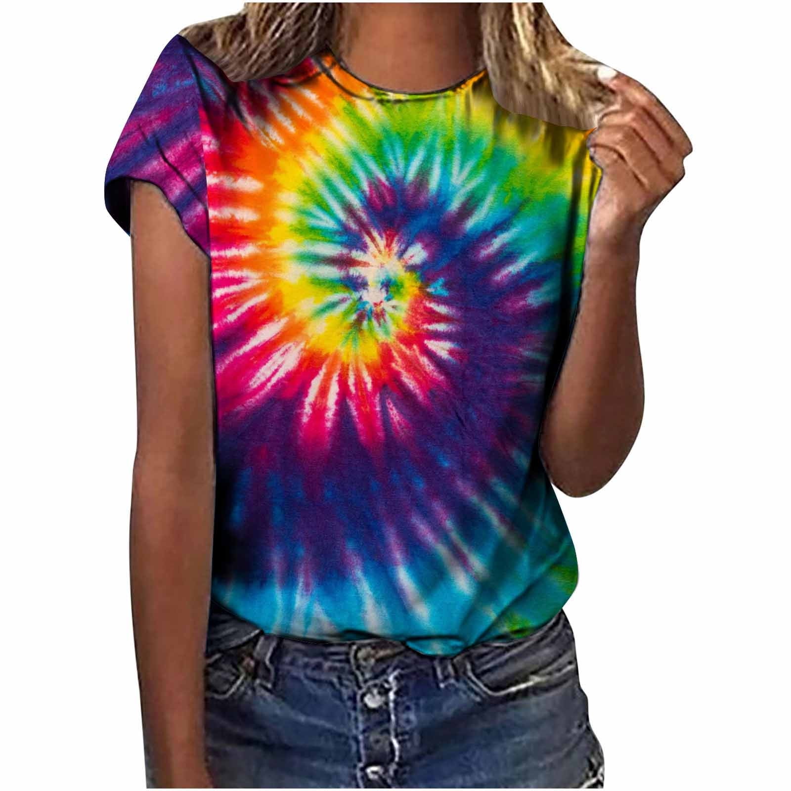 Honeeladyy Sales Tie Dye T-Shirt for Women Funny Contrast Color Short ...