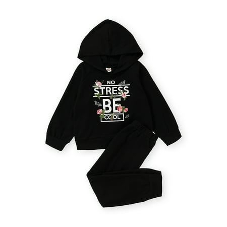 

3T Baby Girls Clothes 4T Girls 2PCS Fall Winter Outfits Letter Print Toddler Girls Long Sleeve Hoodie Top Pants Set Black
