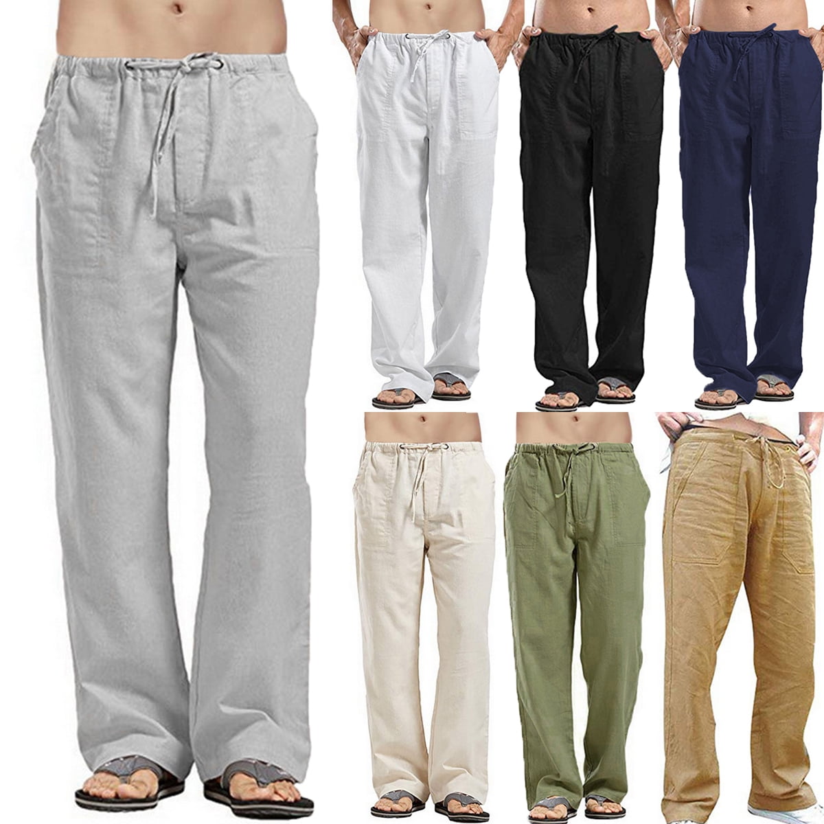 Summer Men Beach Pants Casual Linen Trousers Cotton Cool Fit Loose Waist Pants