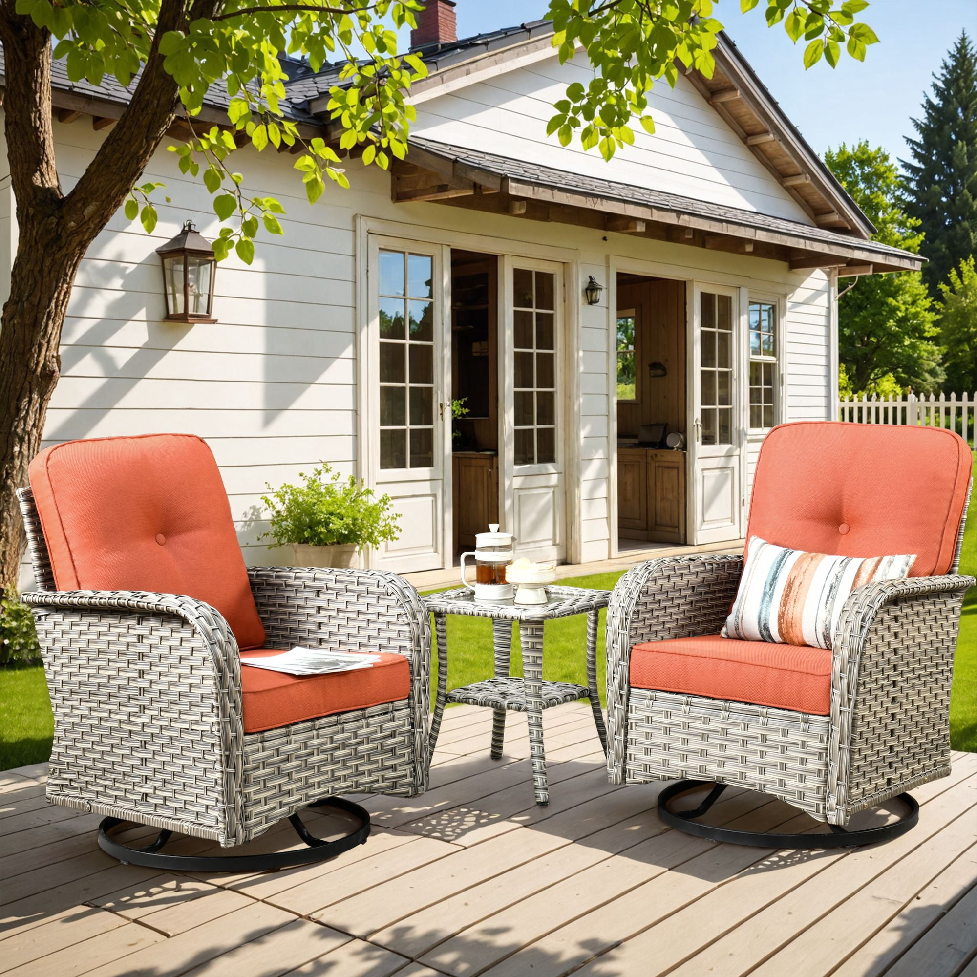Vcatnet 3 Pieces Outdoor Patio Furniture Wicker Swivel Rocking Chair Swivel Rocker Patio Chairs Set of 2 with Side Table for Porch, Backyard, Coarse Orange Red