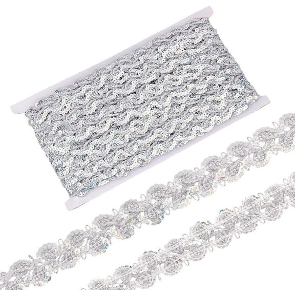 1set Metallic Lace Trim Flower Decorative Ribbon with Sequins for Craft Sewing Garment Accessories Silver 1 inch(25mm) about 14.22 Yards(13m)/set