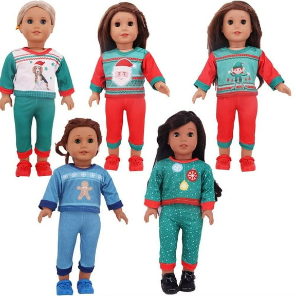 AlevRam 18-inch Doll Christmas Outfits 5-Pack, Santa & Reindeer Print, Long Sleeve & Pants, Holiday Costume Set for 18" Dolls