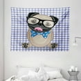 thumbnail image 1 of Pug Tapestry, Nerdy Glasses and Dotted Bow Tie on a Puppy Pug with a Checkered Backdrop, Wall Hanging for Bedroom Living Room Dorm Decor, 80W X 60L Inches, Sand Brown Black Blue, by Ambesonne, 1 of 2