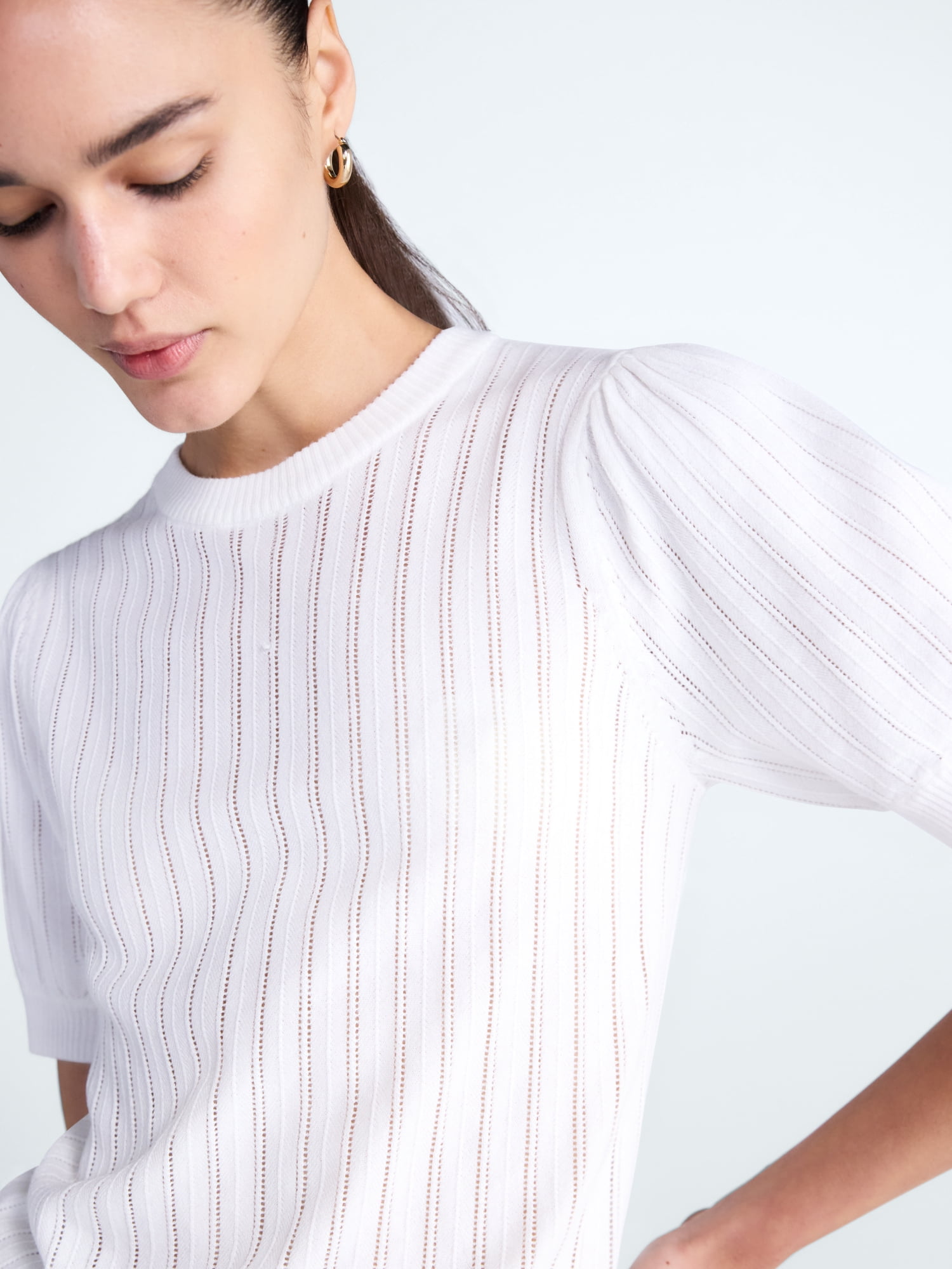 Free Assembly Women’s and Women's Plus Pointelle Sweater with Puff Sleeves, Sizes XS-4X