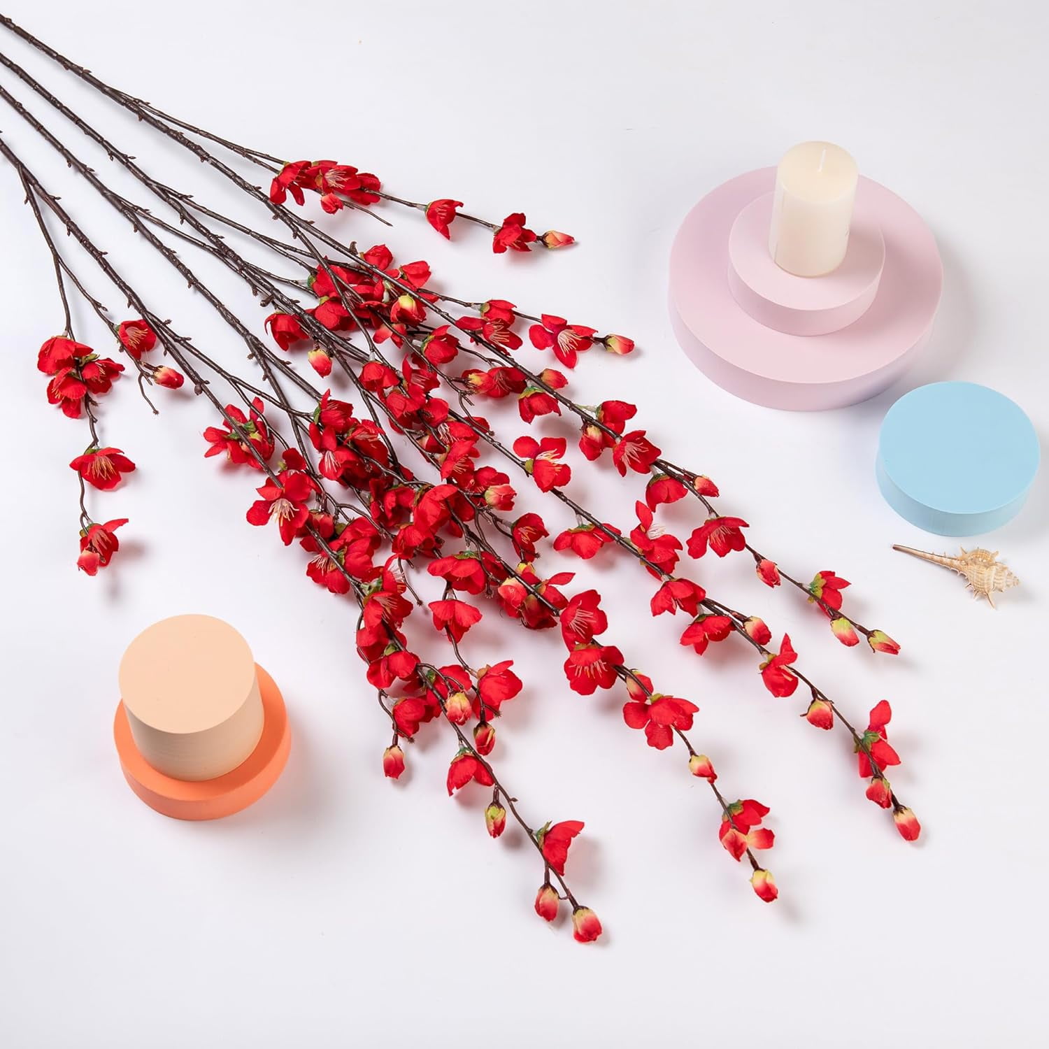 Artificial Faux Plants Flowers Indoor Spring Decor，4 Bundles Fake Silk Plum Blossom,Faux Silk Cherry Blossom Branches for Wedding Office Party Hotel Home Decor，Vase Not Included(White)