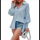 thumbnail image 3 of Camisas de Rayas con Botones para Mujer, Cuello Abullonado, Larga, Blusas Fruncidas Extragrandes con Bolsillo. Azul 5XL, 3 of 10