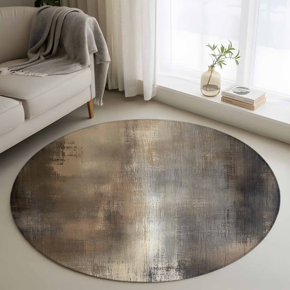 Brown Round Area Rug 3 FT, Small Kitchen Bathroom Mats, Abstract Art Modern Ombre Oil Painting Washable Indoor Outdoor Throw Runner Carpet Non-Shedding Doormat for Table Shower Sofa Entryway