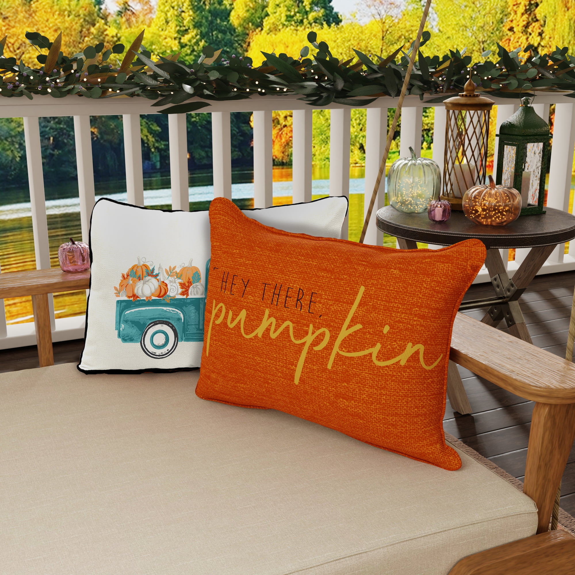 Jordan Manufacturing 12" x 16" Cream Pumpkin Truck and Hey Pumpkin Orange Novelty Rectangular Autumn Outdoor Lumbar Throw Pillow Set