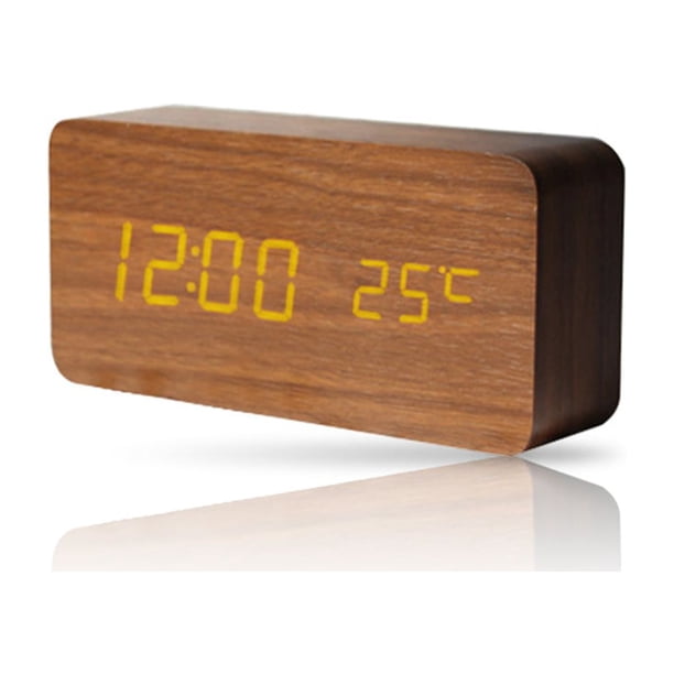 Billuyoard Despertador LED Digital Dormitorio Relojes electrónicos Calendario Decoración Dígito blanco Temperatura Salón Termómetro Decoración del hogar Madera Marrón
