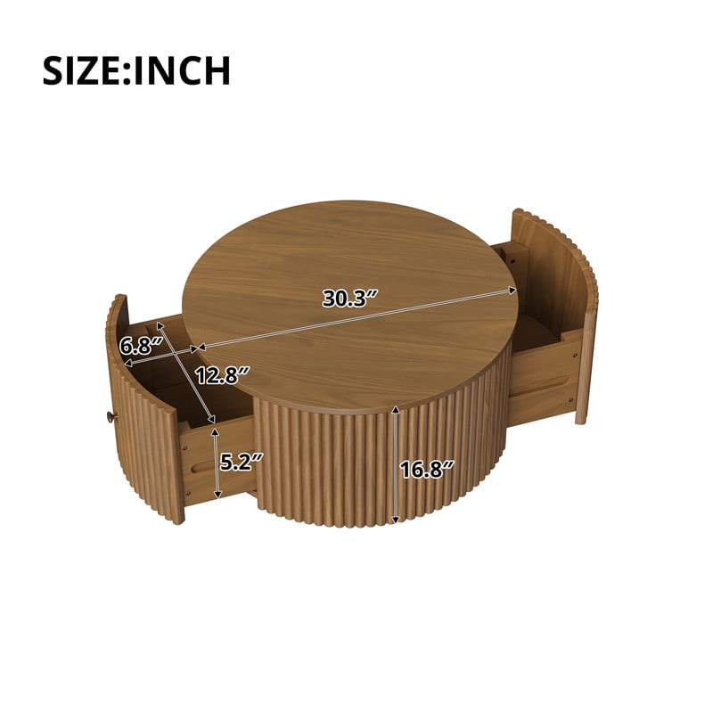 30.3'' Round Fluted Design Coffee Table with Rolling Casters & Dual Hidden Storage Drawers, Drum Base Center Cocktail Table