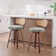 thumbnail image 6 of Set of 3 26 Inch Swivel Counter Bar Stools, Rattan Cane Back, Green Linen Seat with Curved Walnut Wood Legs, Mid-Century Farmhouse Kitchen Island Chairs, 6 of 10